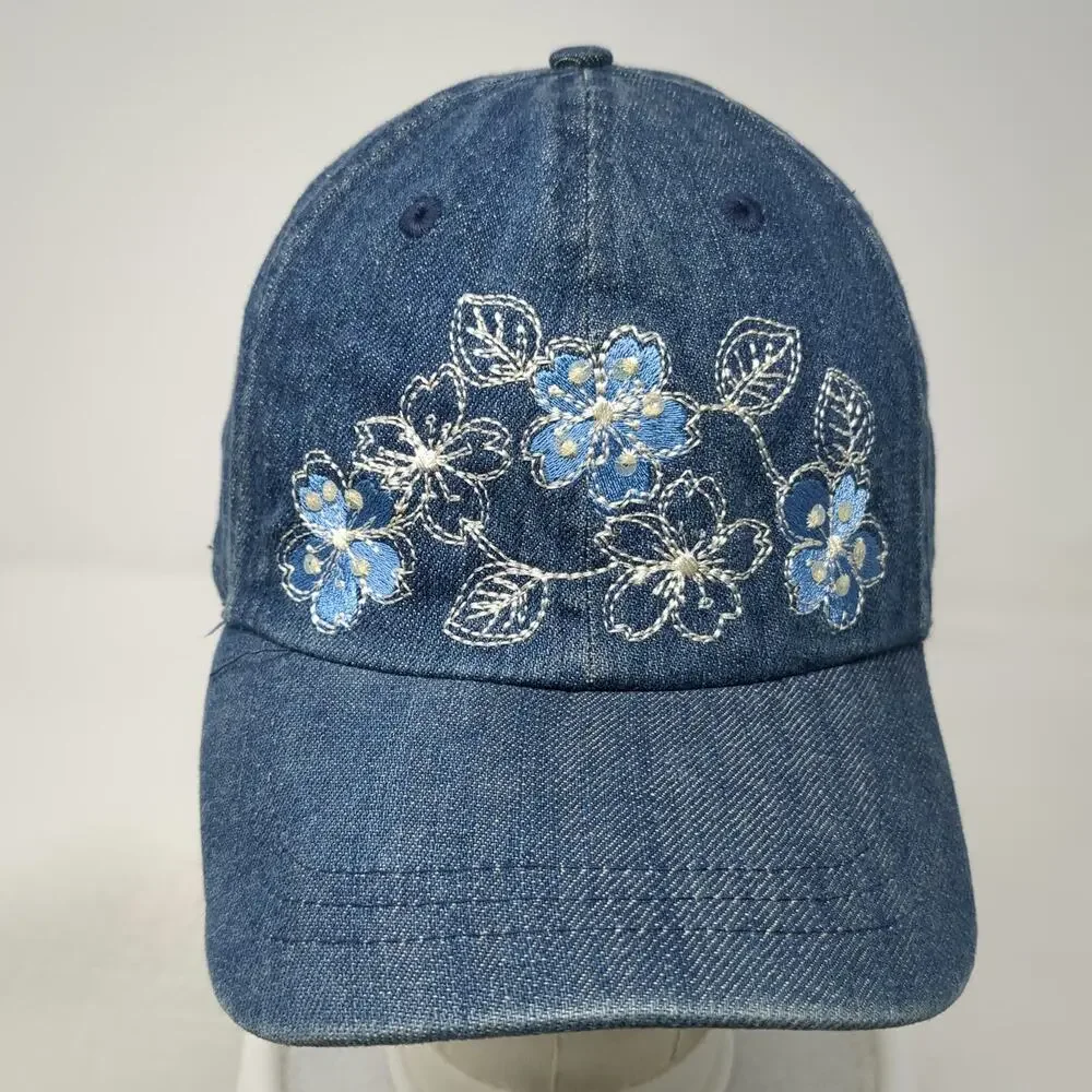Blue Baseball Cap One Size Denim Floral Embroidered Flower Adjustable Strap Hat